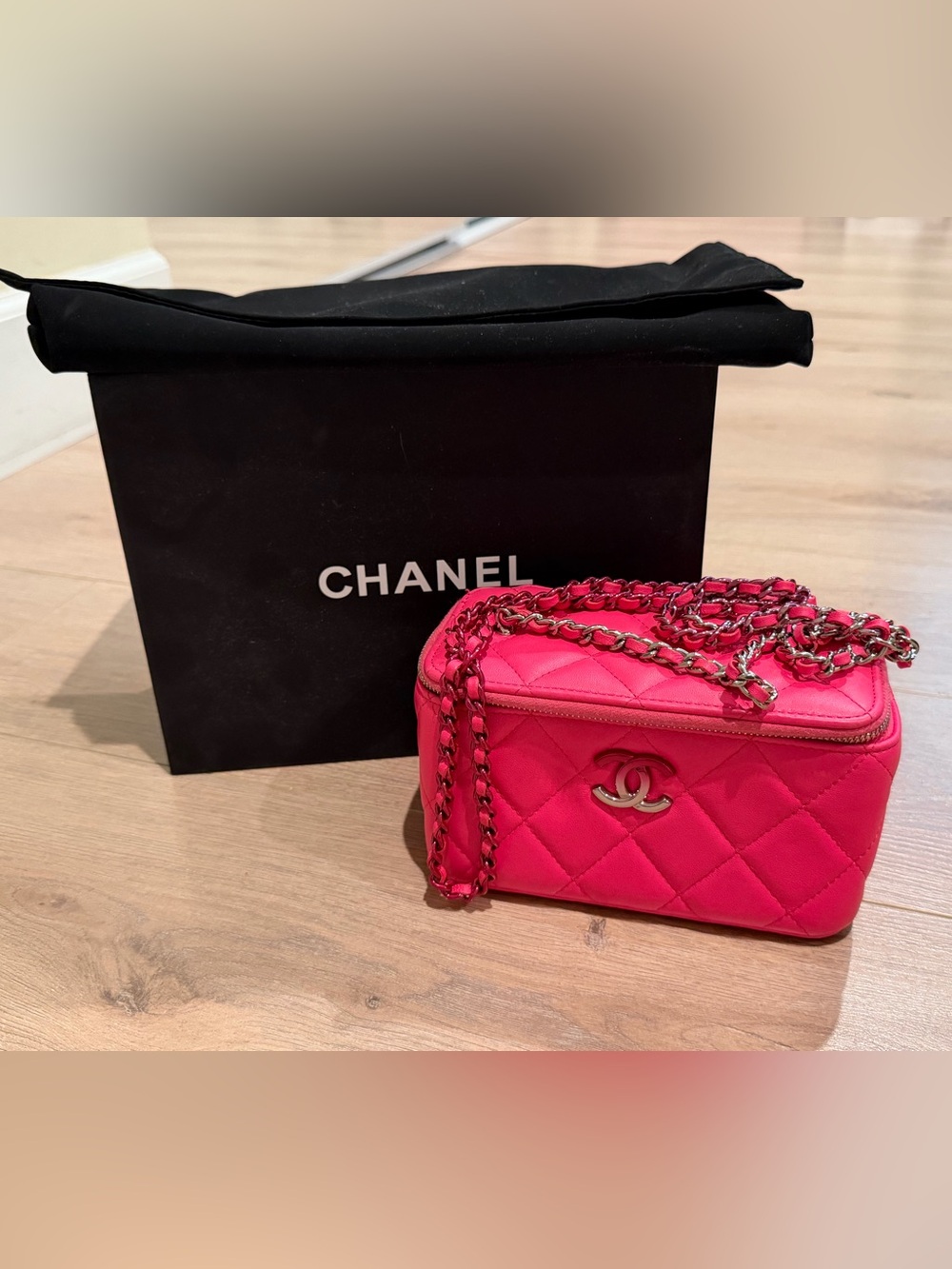 CHANEL Hot Pink Quilted Vanity Crossbody Bag with Chain Strap